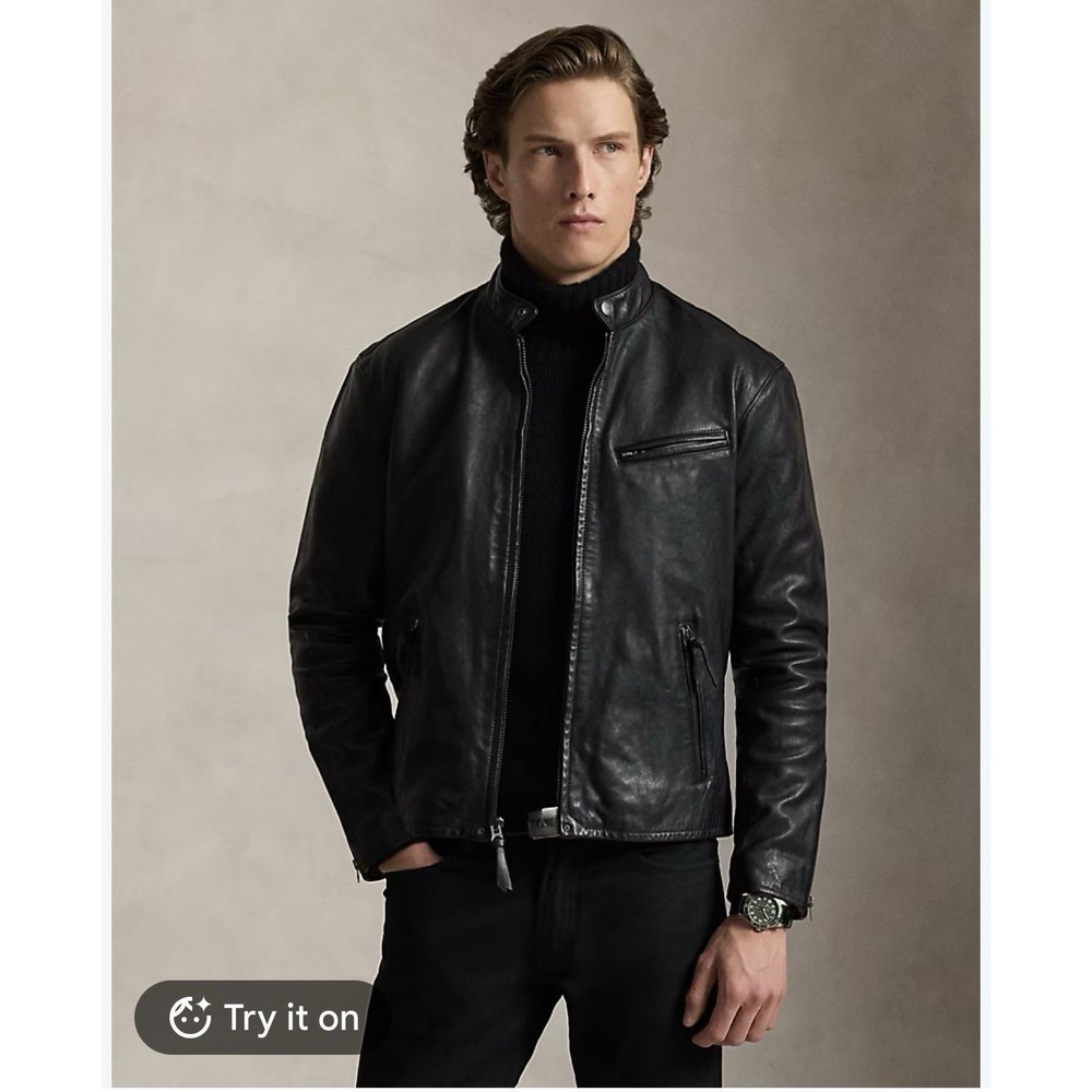 black lambskin café racer jacket Polo Ralph Lauren Stand Collar XL
